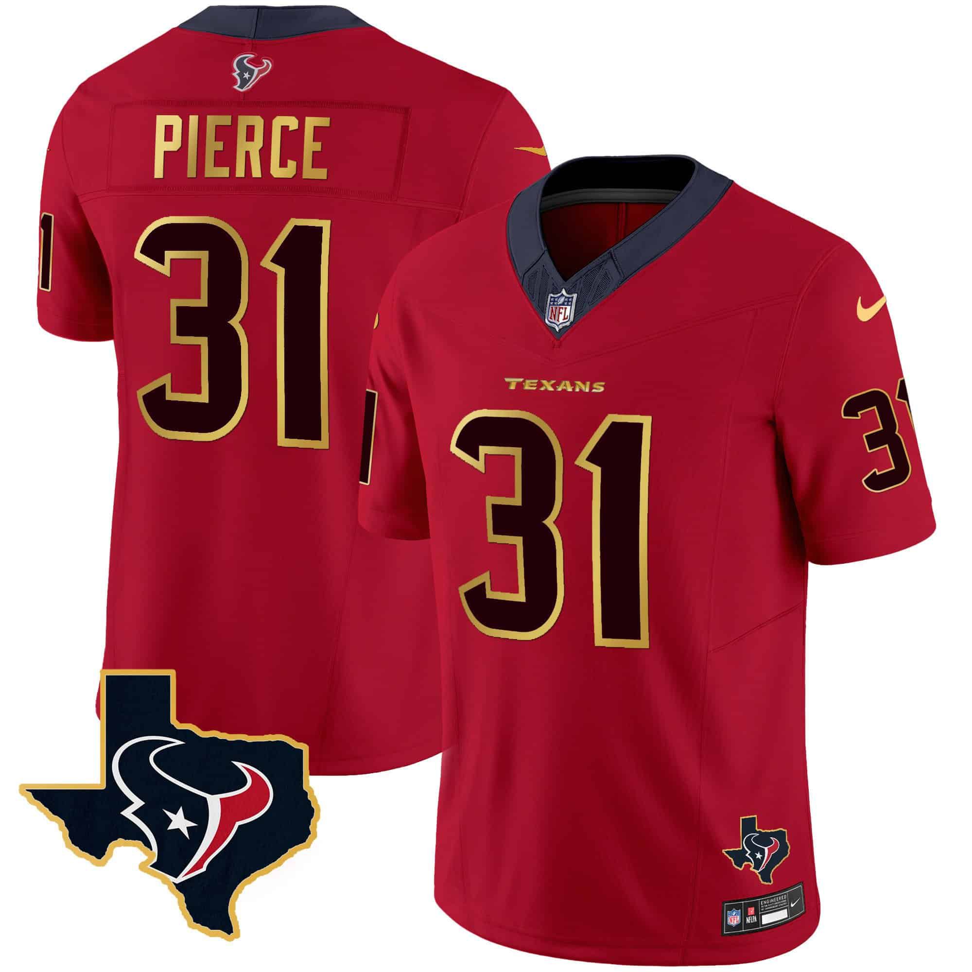 Men Houston Texans #31 Pierce Red Gold 2024 Nike Trim Vapor NFL Jersey